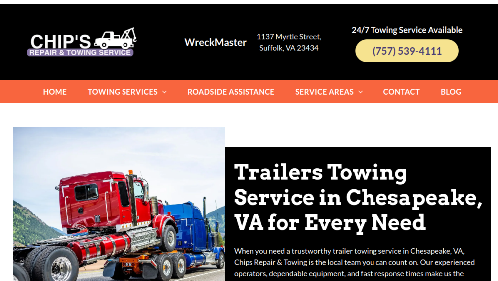 Website screenshot of Chip's Repair and Towing Service