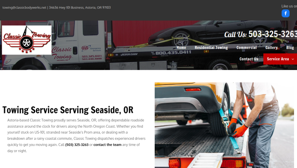 Website screenshot of Classic Towing