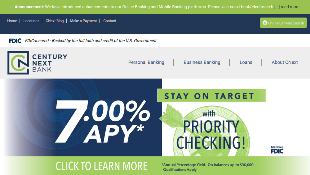 Website screenshot of Century Next Bank