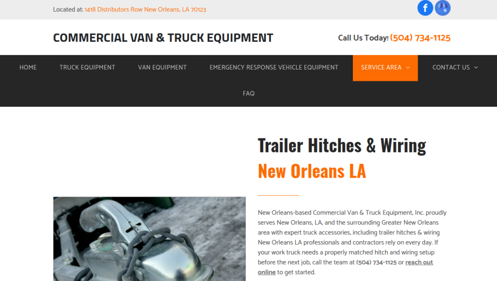 Website screenshot of Commercial Van & Truck Equipment