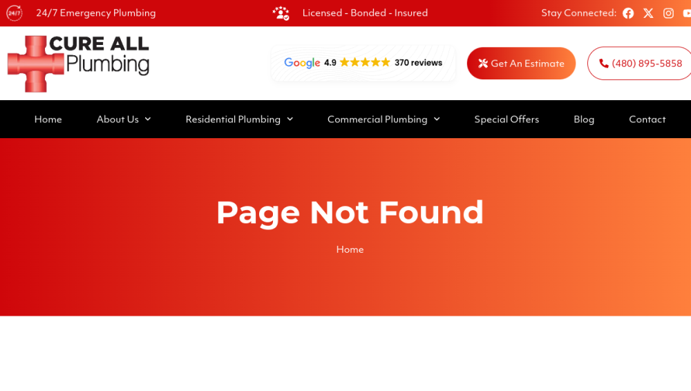 Website screenshot of Cure All Plumbing