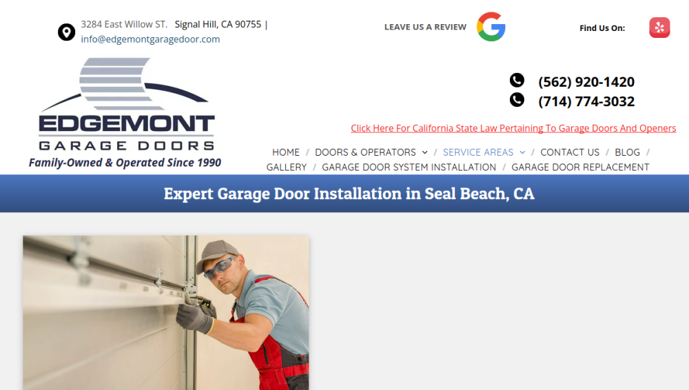Website screenshot of Edgemont Garage Door Service 