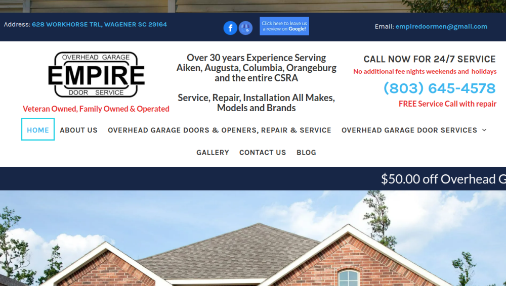 Website screenshot of Empire Overhead Garage Door Service