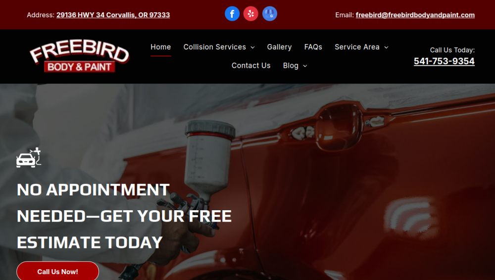 Website screenshot of Freebird Body & Paint