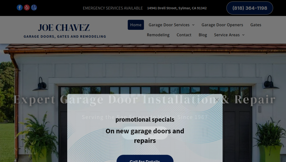 Website screenshot of Joe Chavez Garage Doors