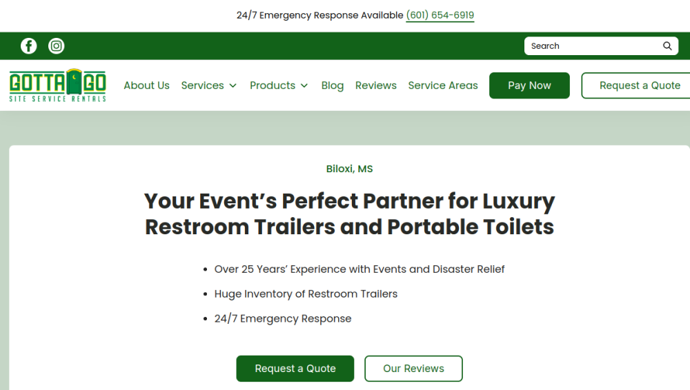 Website screenshot of Gotta Go Site Service Rentals