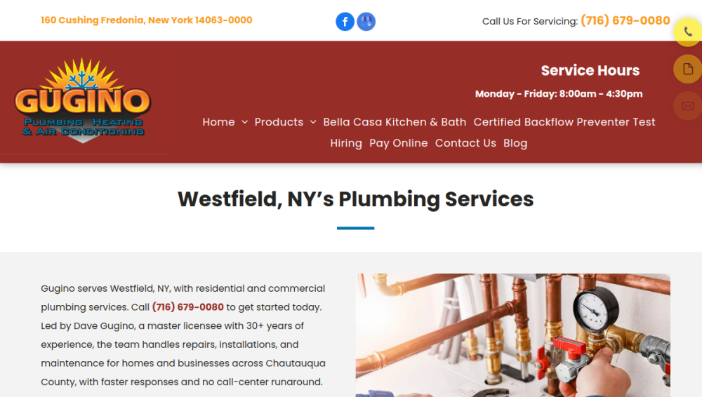 Website screenshot of Gugino Plumbing Heating & Air Conditioning