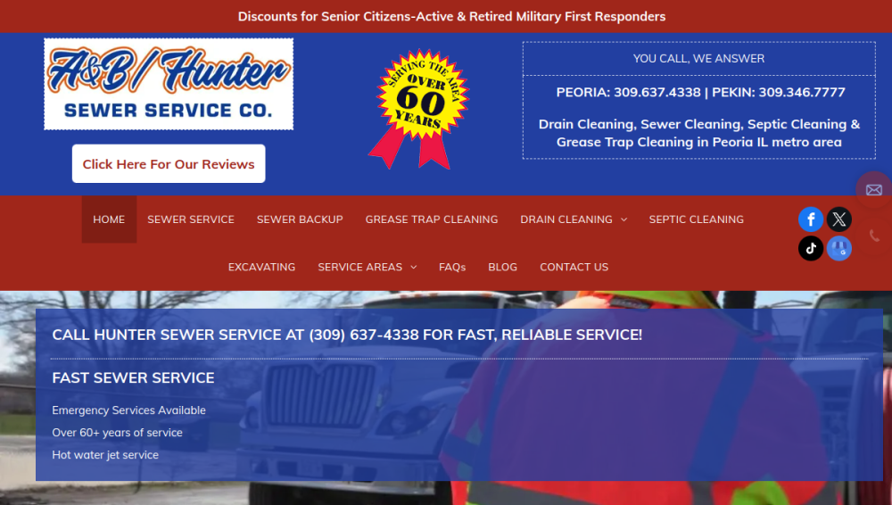 Website screenshot of A & B Hunter Sewer Service Co