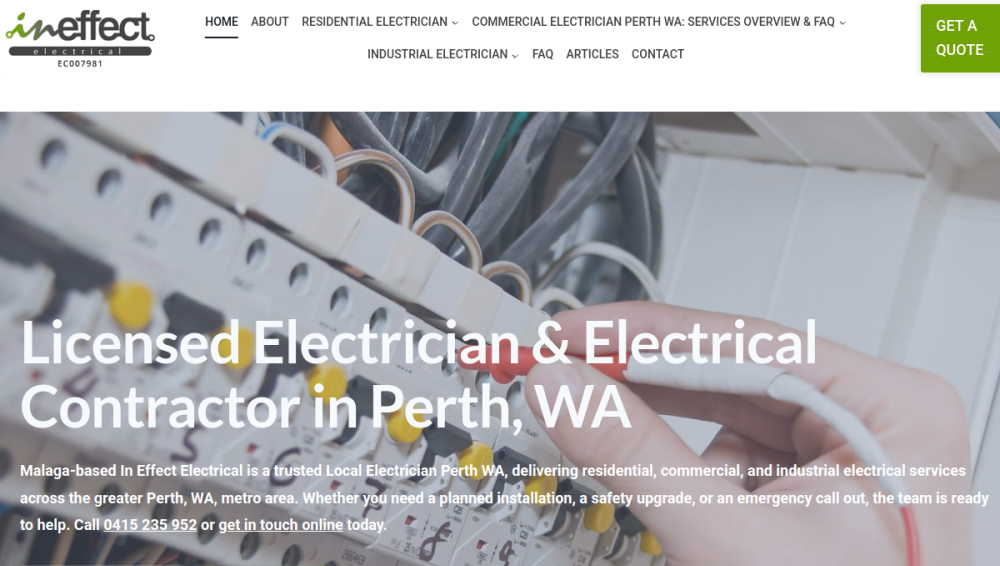 Website screenshot of In Effect Electrical Pty Ltd