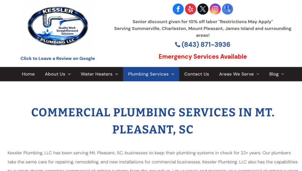 Website screenshot of Kessler Plumbing LLC