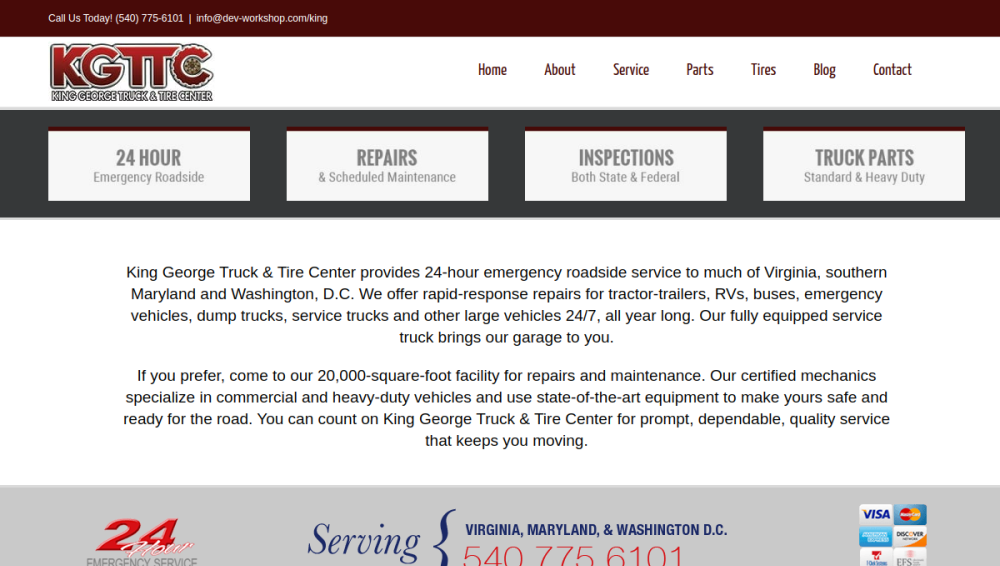 Website screenshot of King George Truck & Tire Center