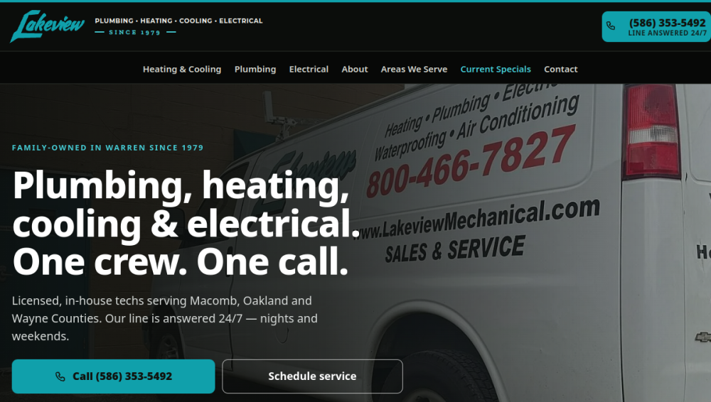 Website screenshot of Lakeview Mechanical- Heating, Plumbing & Electrical