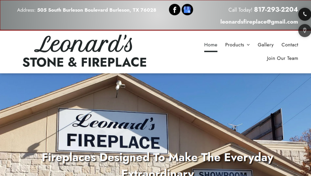 Website screenshot of Leonard's Stone & Fireplace