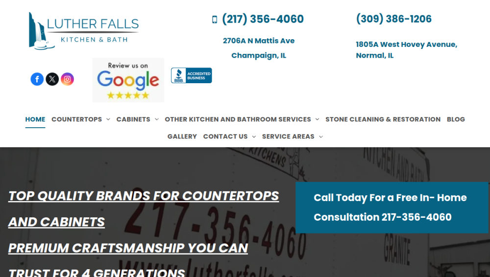 Website screenshot of Luther Falls Custom Kitchens