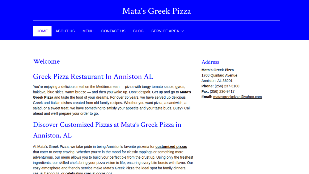 Website screenshot of Mata's Greek Pizza