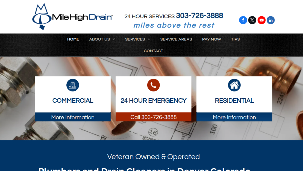 Website screenshot of Mile High Drain