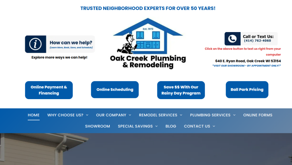 Website screenshot of Oak Creek Plumbing and Remodeling