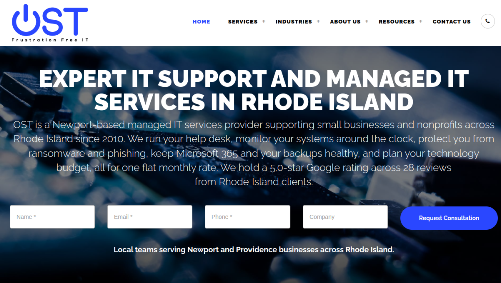 Website screenshot of OST - Rhode Island IT Support & Managed IT Services