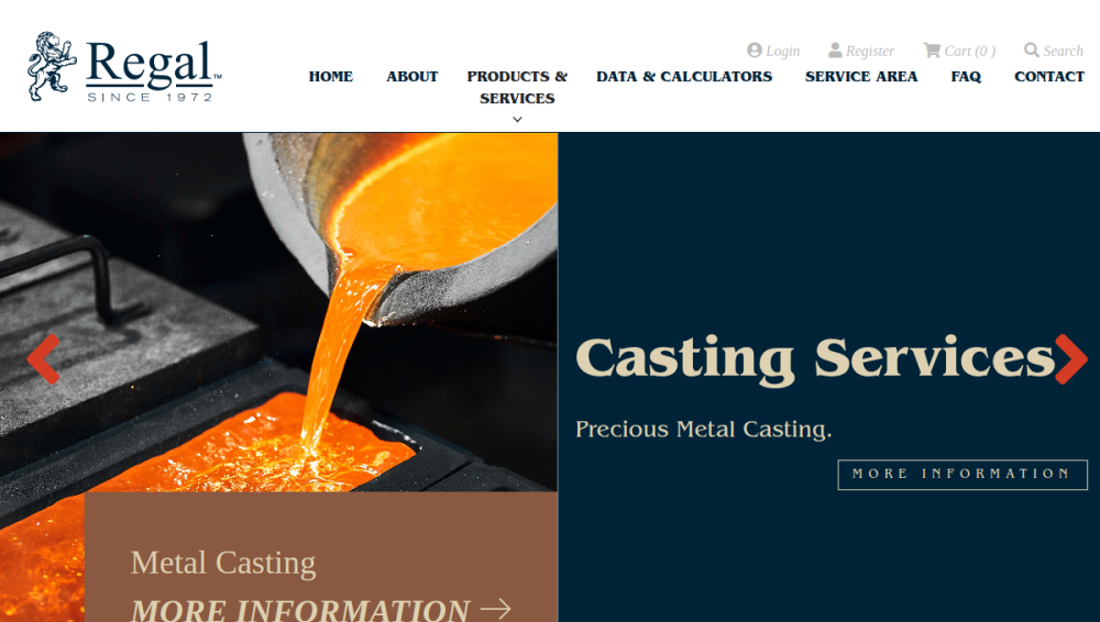 Website screenshot of Regal Castings Regal Bullion