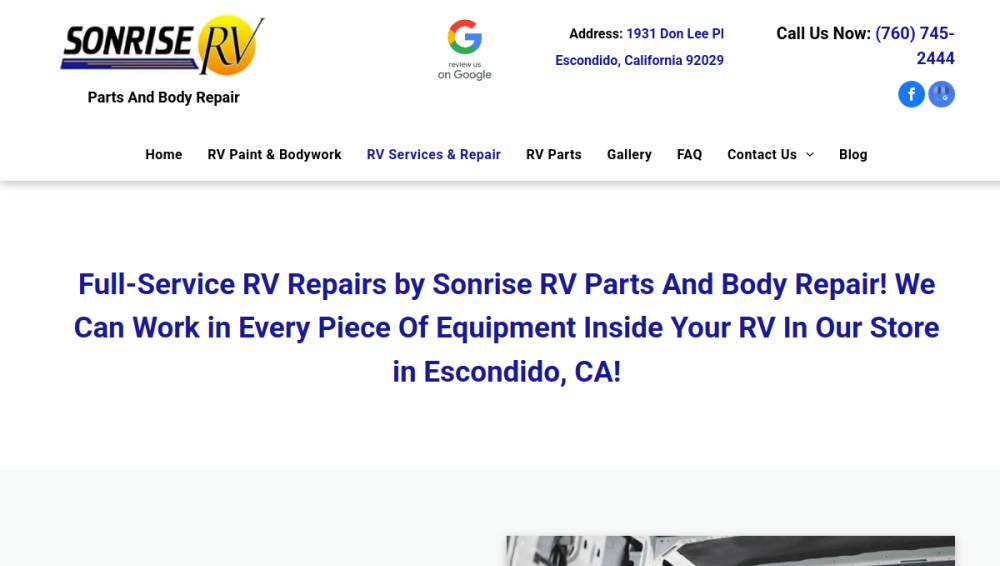 Website screenshot of Sonrise RV Parts and Body Repair