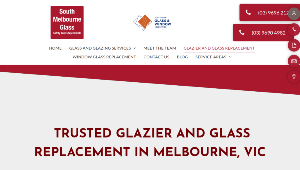 Website screenshot of South Melbourne Glass
