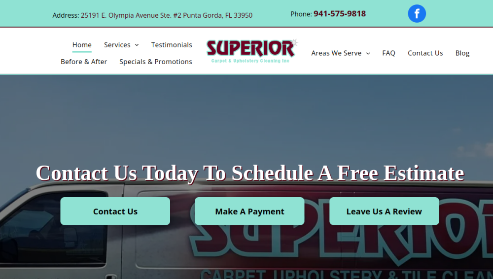 Website screenshot of Superior Carpet & Upholstery Cleaning Inc