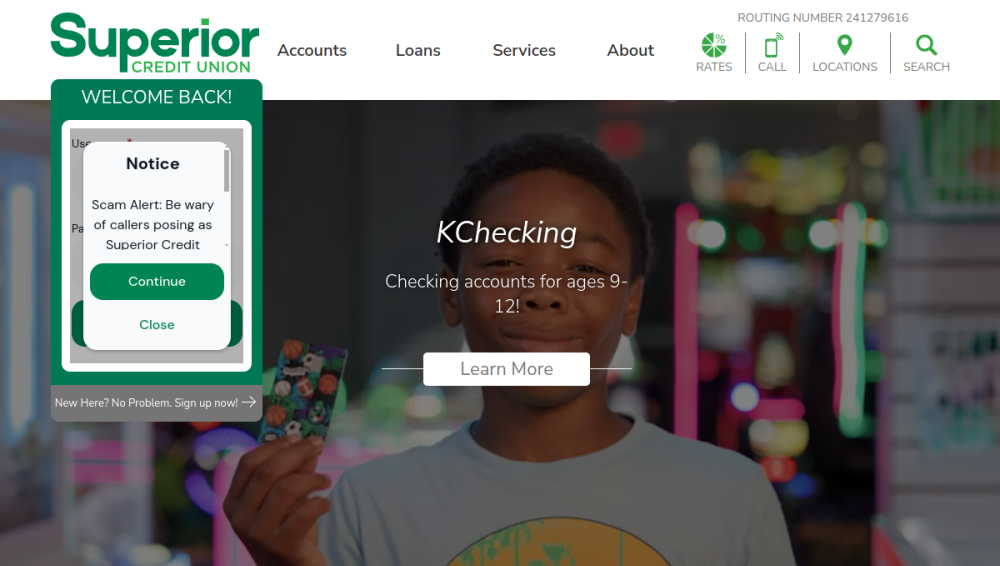 Website screenshot of Superior Credit Union