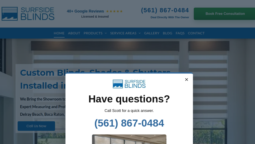 Website screenshot of Surfside Blinds