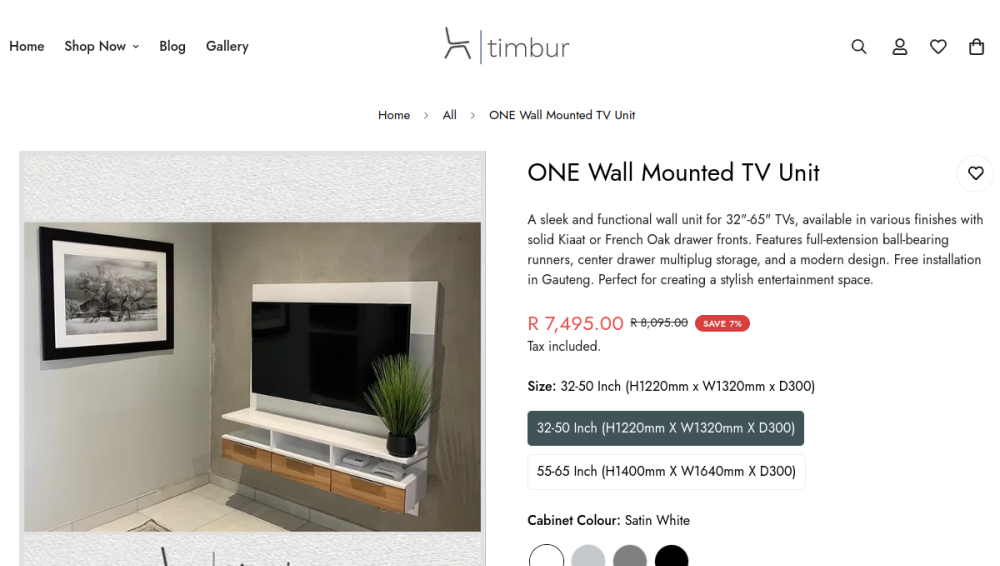 Website screenshot of Timbur Furniture