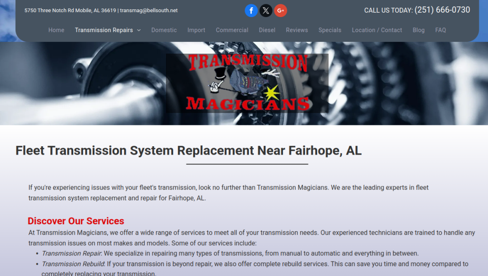 Website screenshot of Transmission Magicians