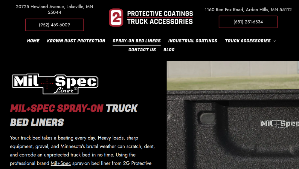 Website screenshot of 2G Protective Coatings & Truck Accessories