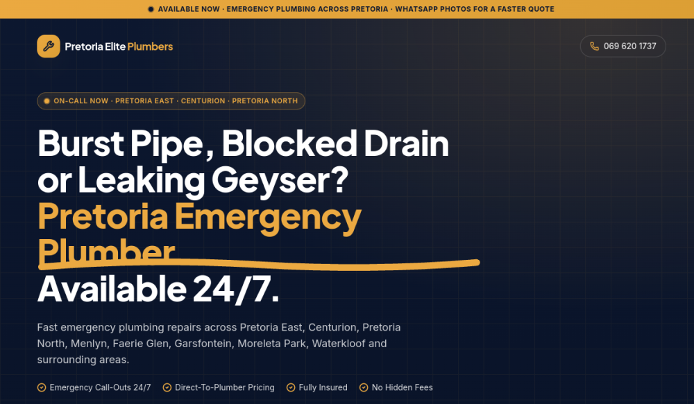 Pretoria Elite Plumbers live deployment screenshot