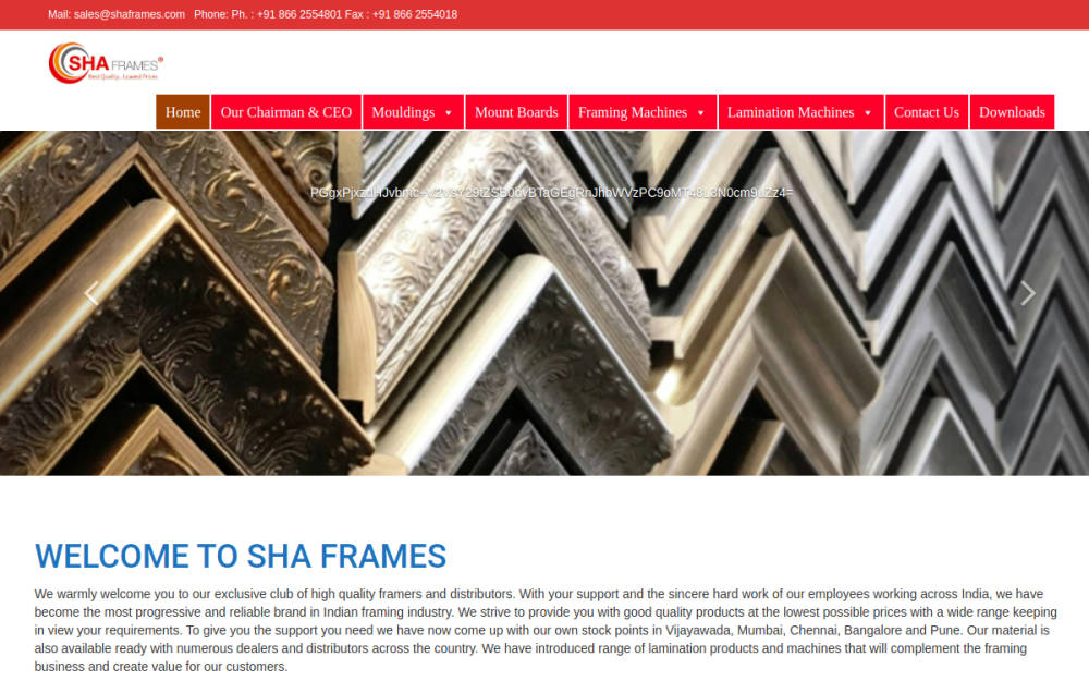 SHA Frames website screenshot