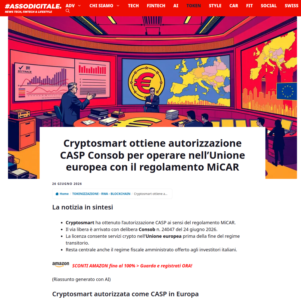 Anteprima articolo &mdash; Cryptosmart ottiene autorizzazione CASP Consob per operare nell’Unione europea con il regolamento MiCAR