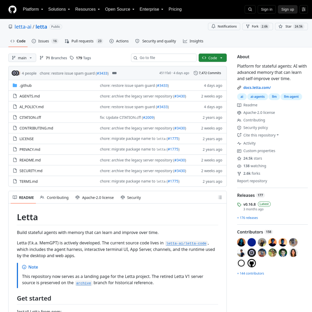 Letta (原 MemGPT) - 具备操作系统级分层记忆与状态机架构的智能体框架
