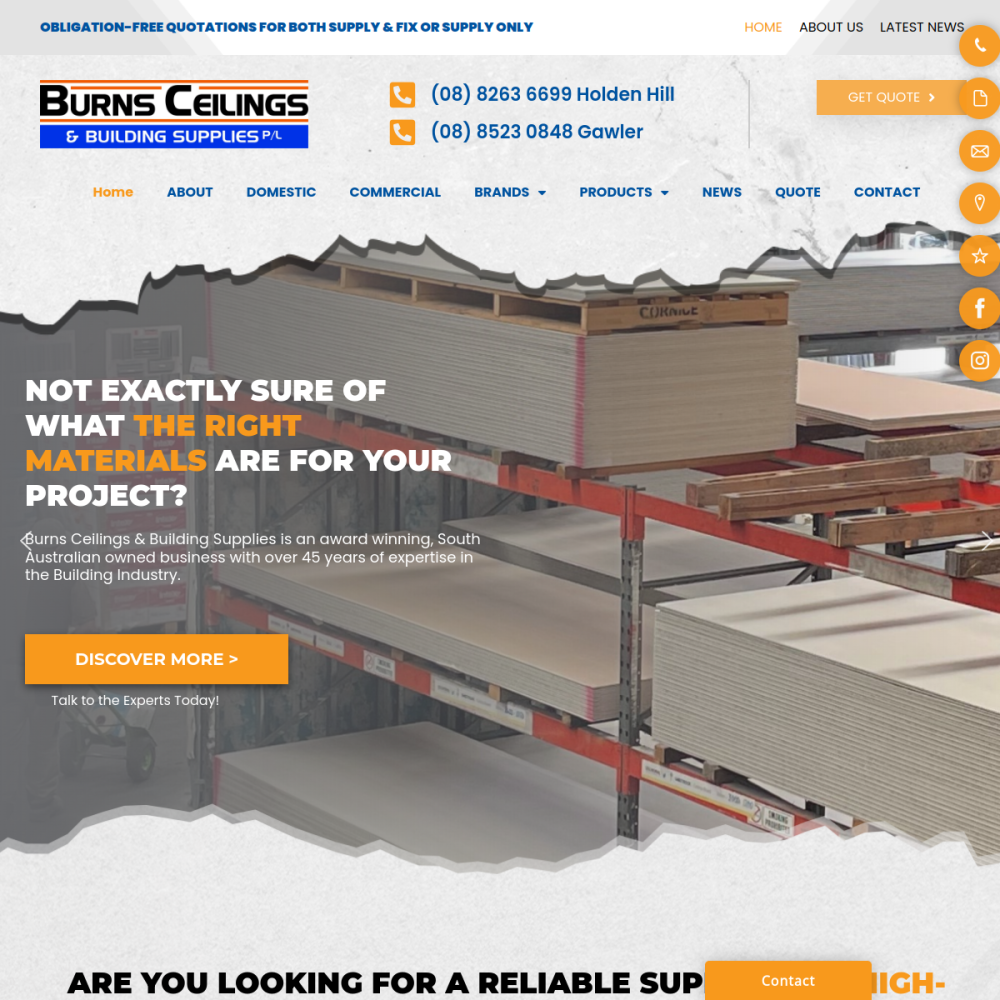 Screenshot of the Burns Ceilings & Building Supplies Pty Ltd website