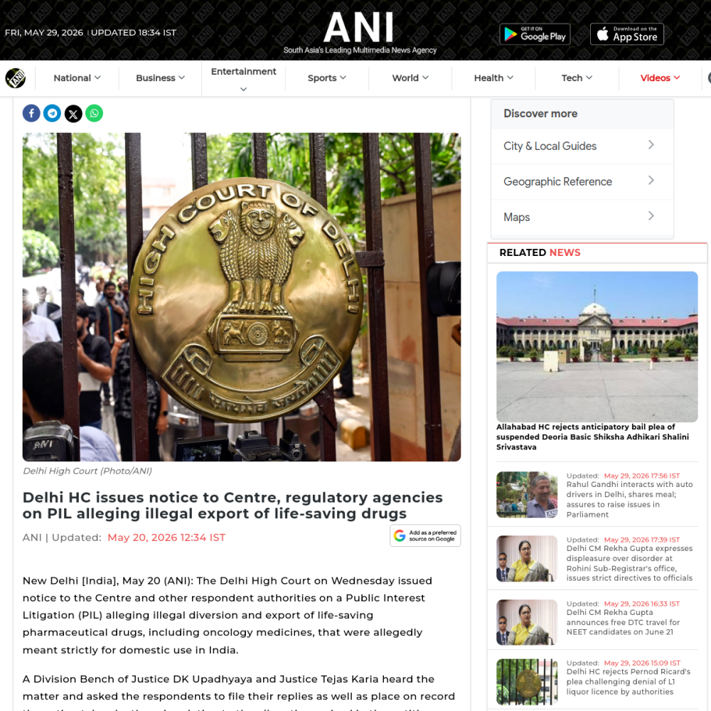 Delhi HC issues notice to Centre, regulatory agencies on PIL alleging illegal export of life-saving drugs