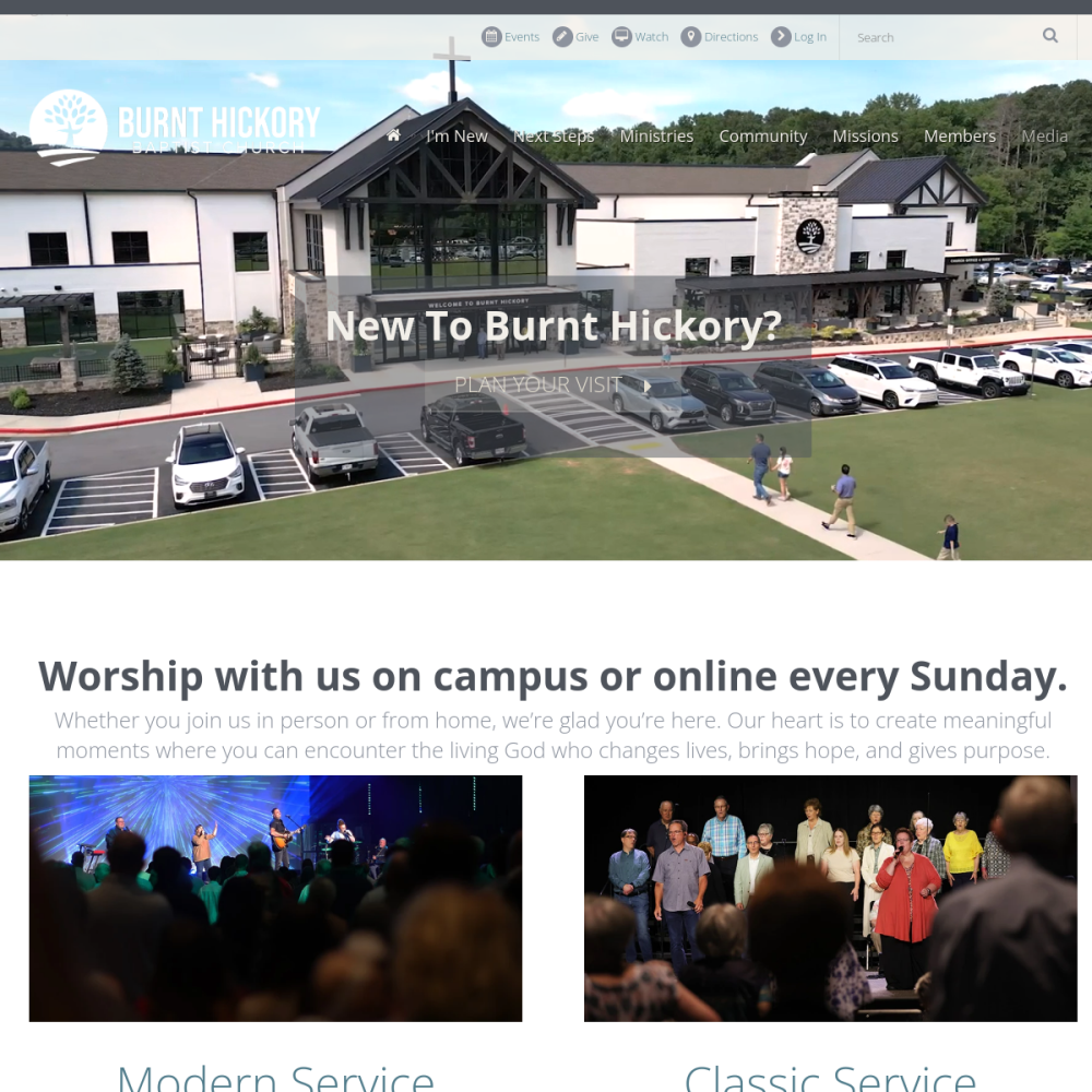 Screenshot of the Burnt Hickory Baptist Church website