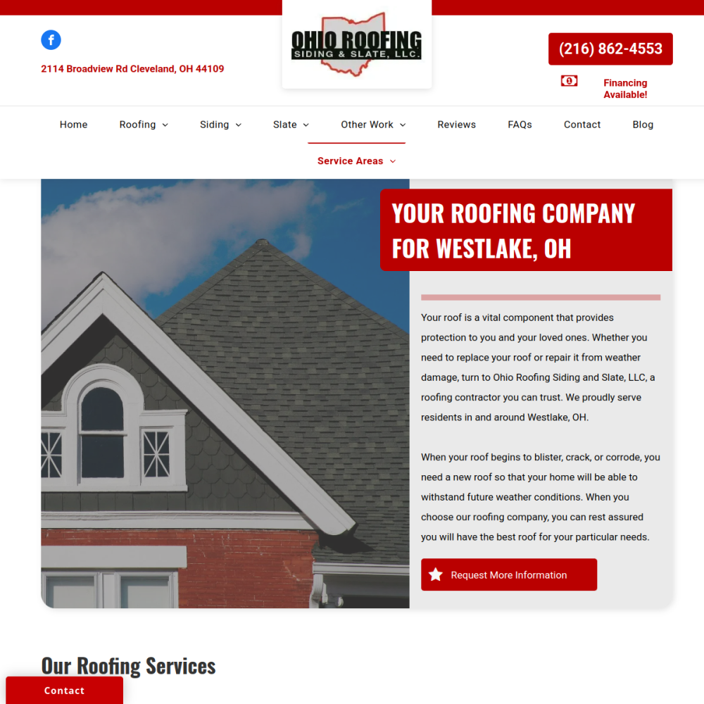 Screenshot of the Ohio Roofing Siding and Slate LLC website