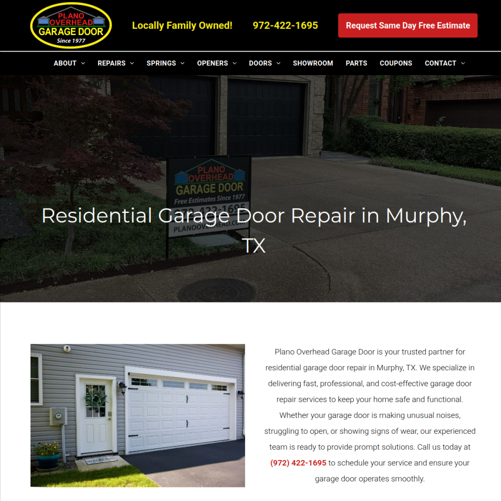 Screenshot of the Plano Overhead Garage Door website