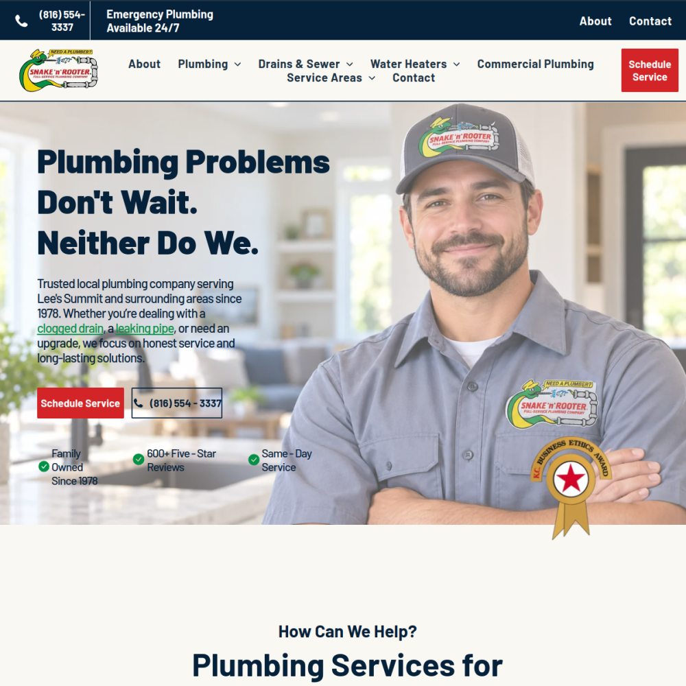 Screenshot of the Snake 'n' Rooter Plumbing Company website
