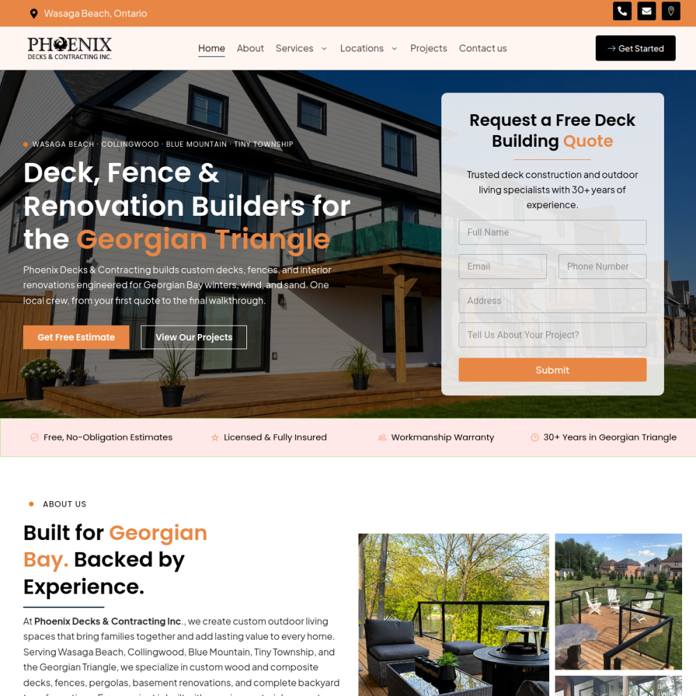 Phoenix Decks & Contracting website — deck builders in Wasaga Beach