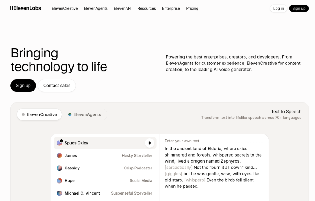 Interfaz de ElevenLabs