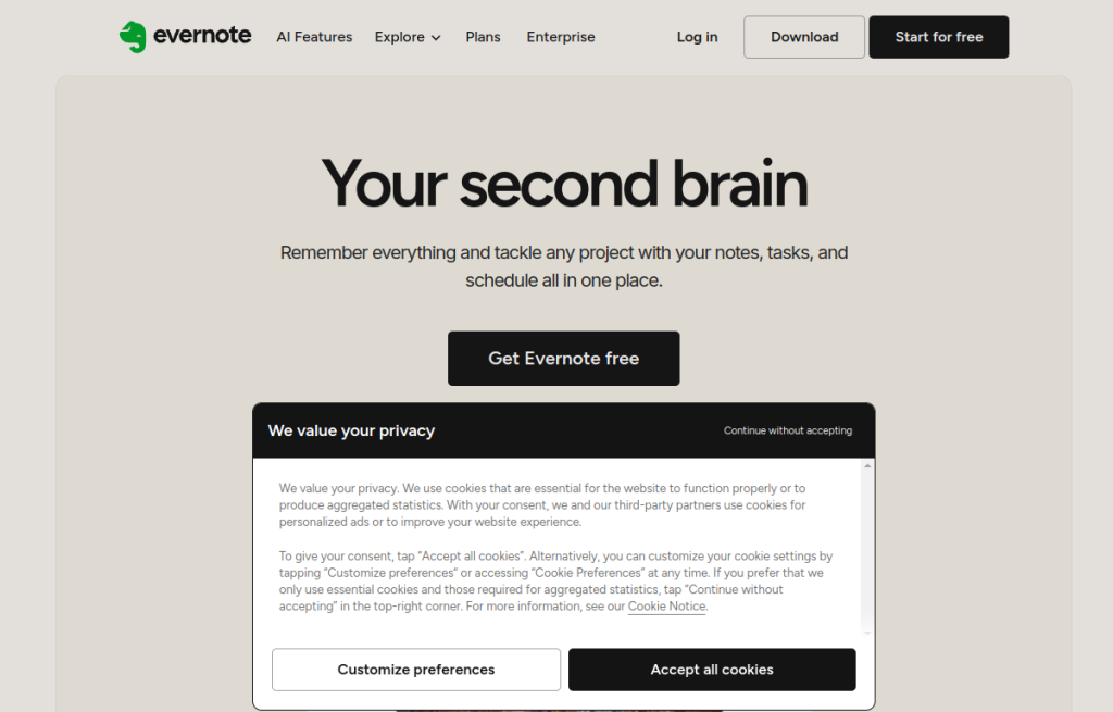 Interfaz de Evernote — vista real del producto