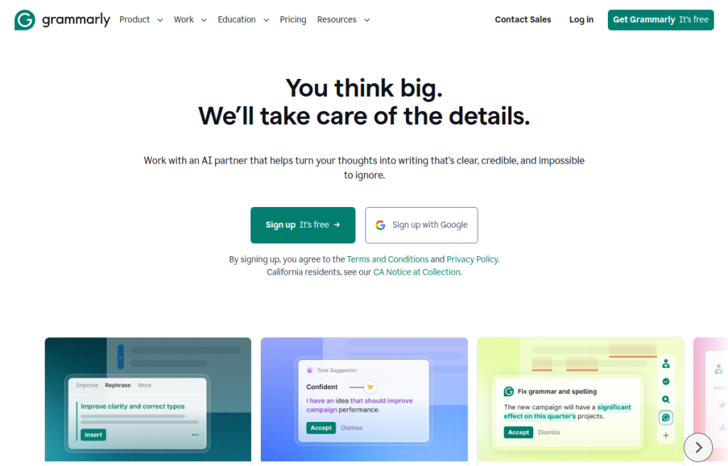 Interfaz de Grammarly