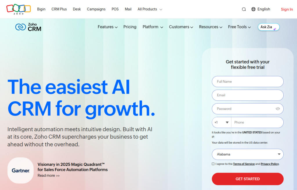 Interfaz de Zoho CRM