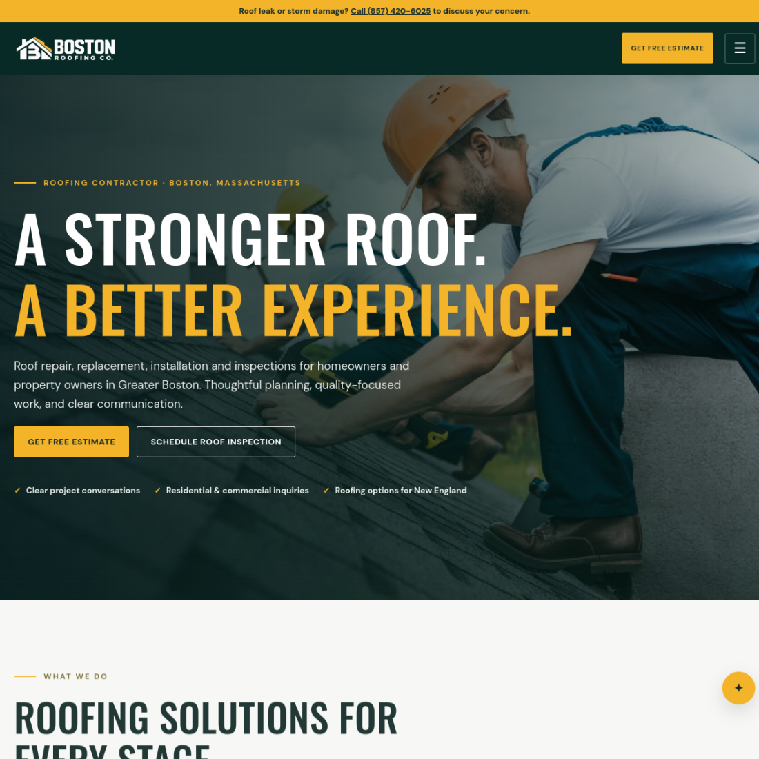 Screenshot of the Boston Roofing website homepage