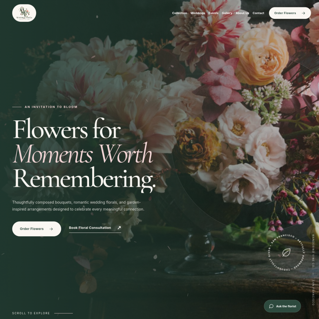 Screenshot of the Wandering Vine Co. website homepage