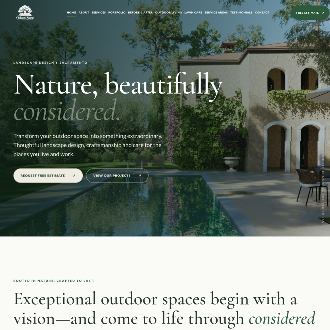 Screenshot of the Oak and Stone Landscaping website homepage