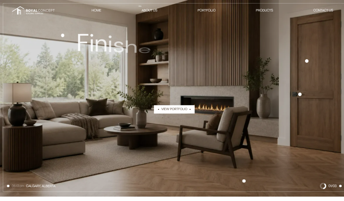 Captured homepage hero screenshot of Royal Concept showing the living room hero and navigation